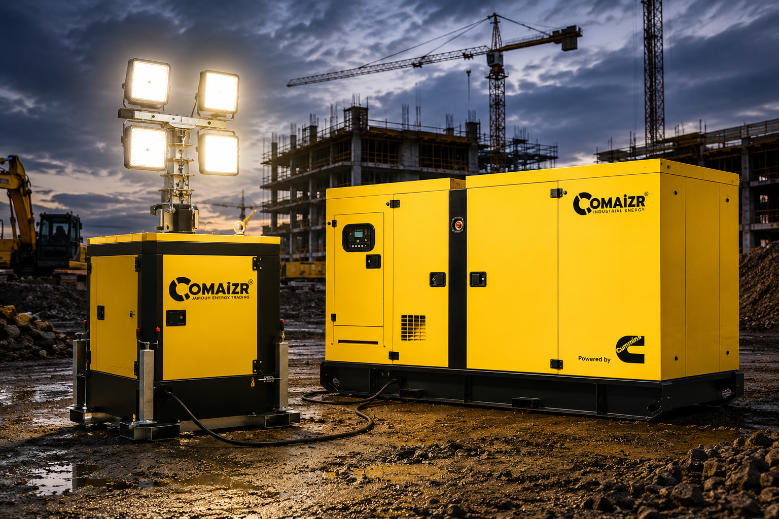 Diesel Generator and Lighting Tower on Construction Site